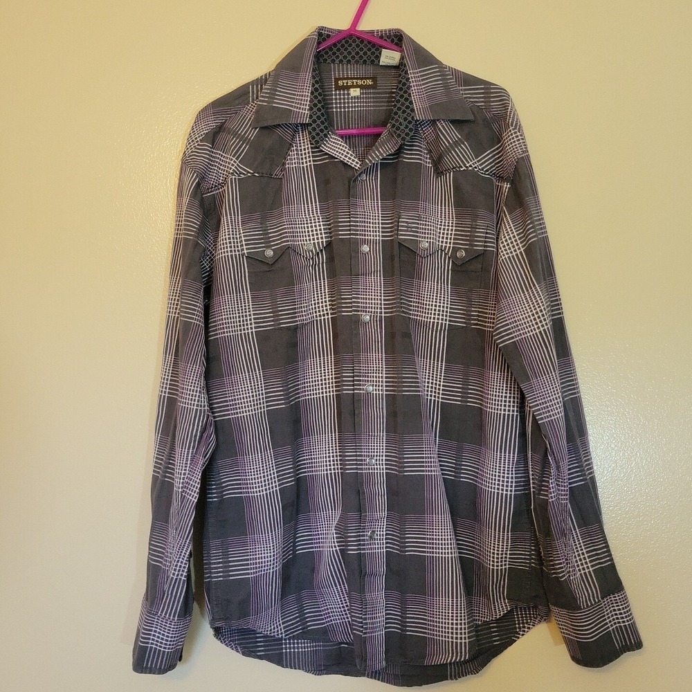 Stetson Shirt Womens Medium Gray Plaid Blouse Pearl Snap Western Southwestern‎